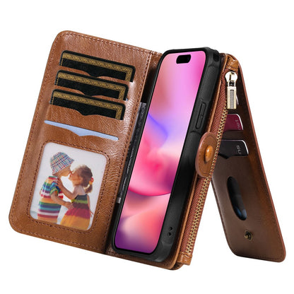 For iPhone 16 Magnetic Case Detachable PU Leather Zipper Wallet Cover