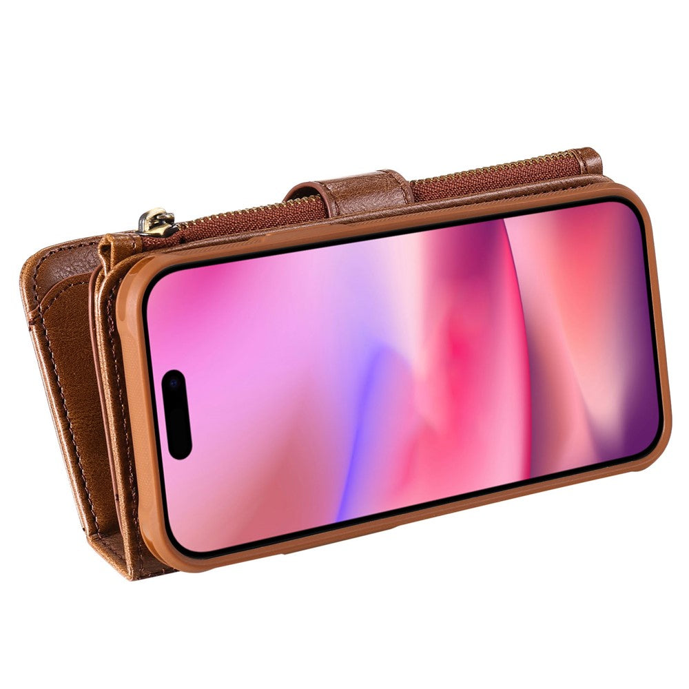 For iPhone 16 Magnetic Case Detachable PU Leather Zipper Wallet Cover