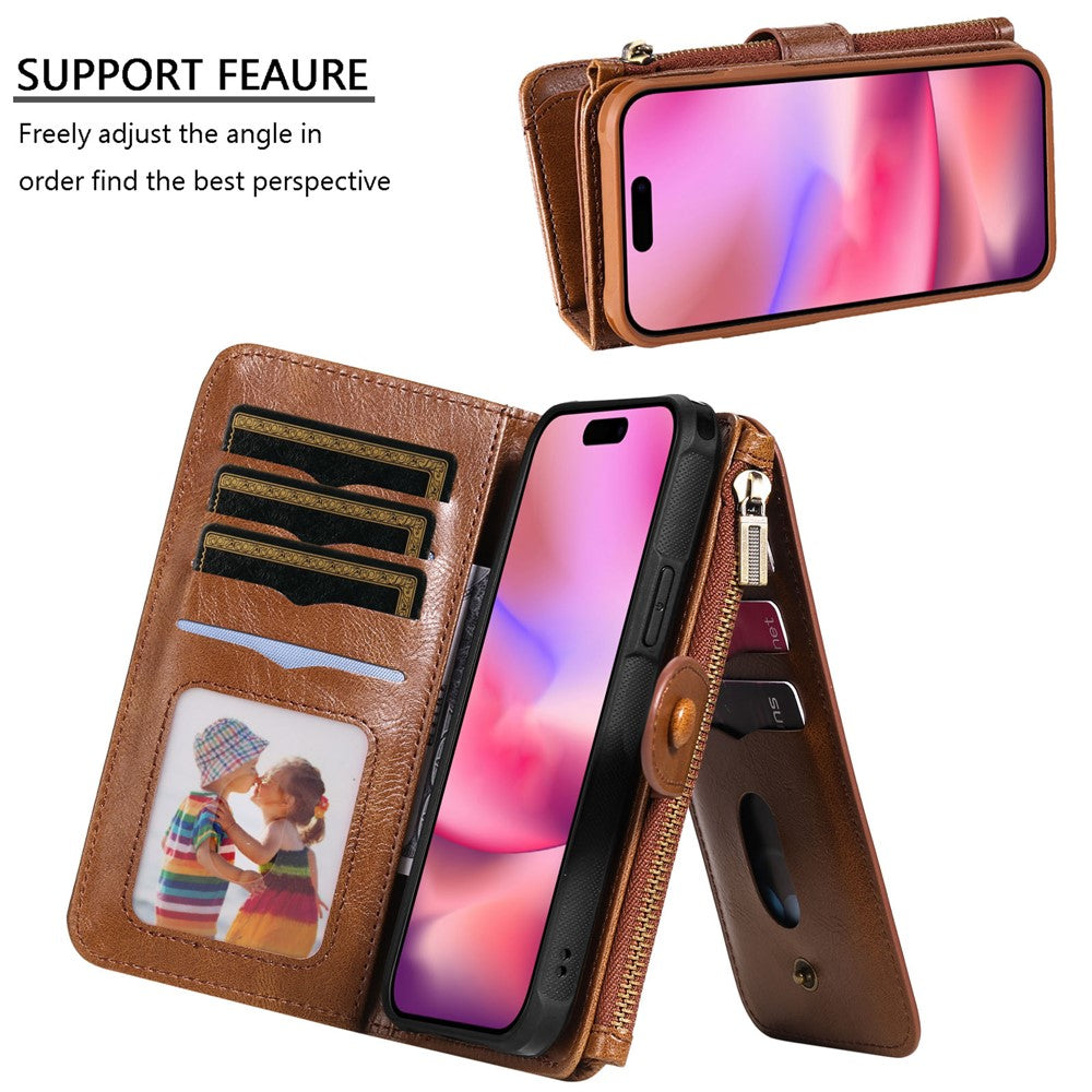 For iPhone 16 Magnetic Case Detachable PU Leather Zipper Wallet Cover
