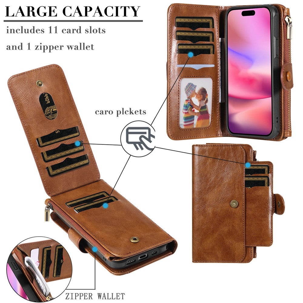For iPhone 16 Magnetic Case Detachable PU Leather Zipper Wallet Cover