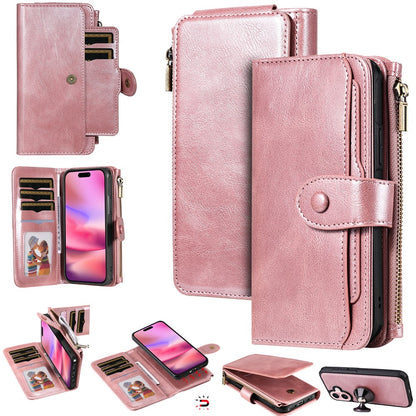 For iPhone 16 Magnetic Case Detachable PU Leather Zipper Wallet Cover