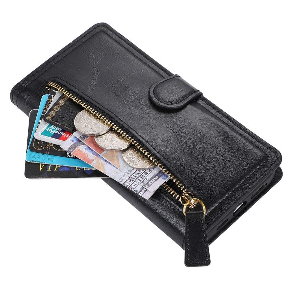 For iPhone 14 Pro Max Drop-proof Zipper Pocket Phone Flip Wallet Case with Magnetic Buckle Protective PU Leather Phone Cover Stand