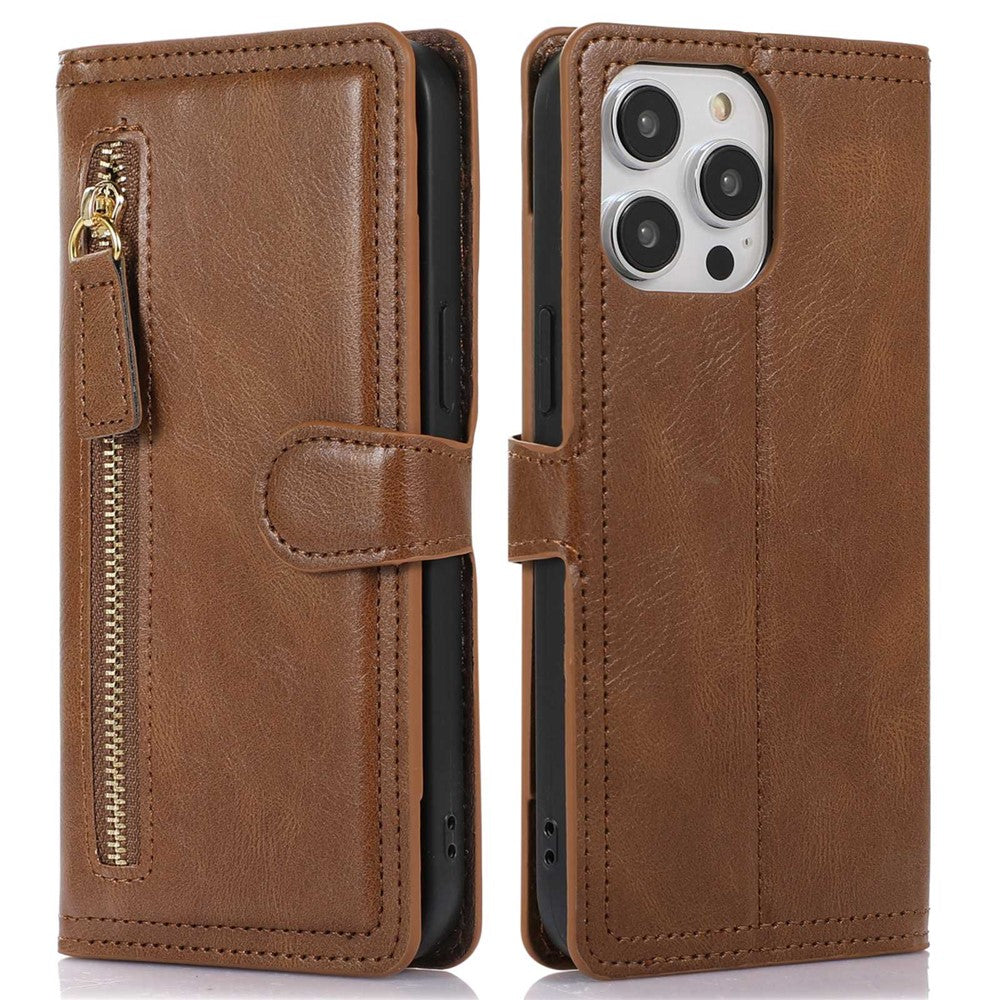 For iPhone 14 Pro Max Drop-proof Zipper Pocket Phone Flip Wallet Case with Magnetic Buckle Protective PU Leather Phone Cover Stand