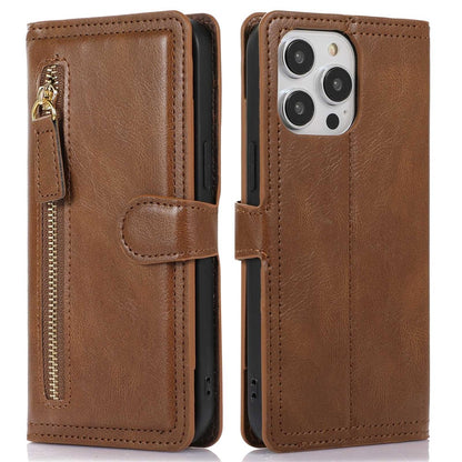 For iPhone 14 Pro Max Drop-proof Zipper Pocket Phone Flip Wallet Case with Magnetic Buckle Protective PU Leather Phone Cover Stand