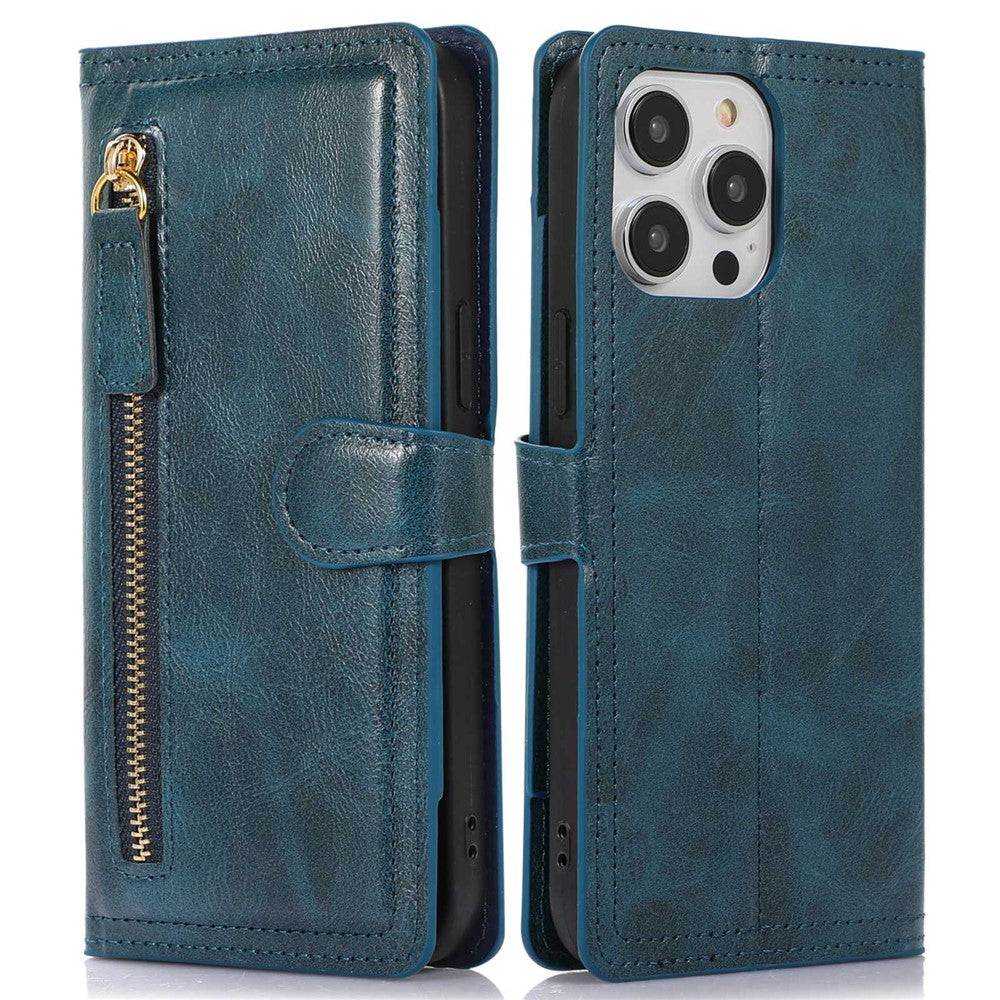 For iPhone 14 Pro Max Drop-proof Zipper Pocket Phone Flip Wallet Case with Magnetic Buckle Protective PU Leather Phone Cover Stand