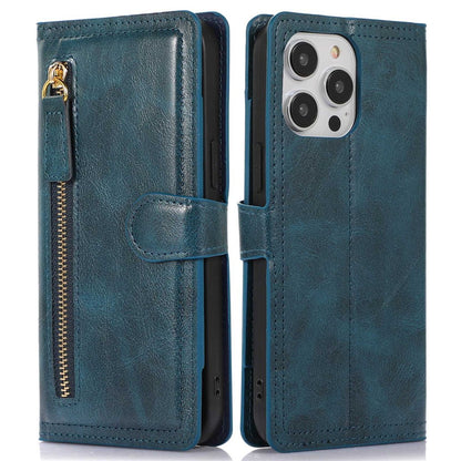 For iPhone 14 Pro Max Drop-proof Zipper Pocket Phone Flip Wallet Case with Magnetic Buckle Protective PU Leather Phone Cover Stand