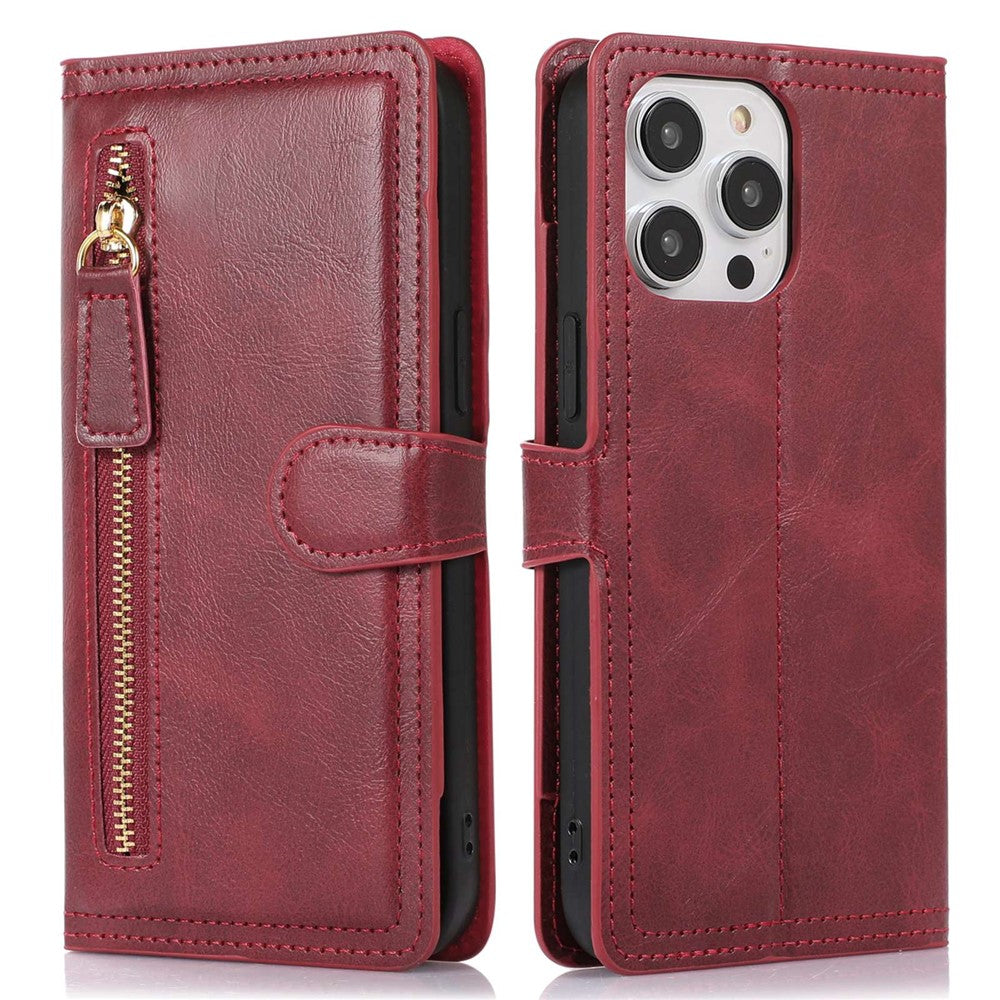 For iPhone 14 Pro Max Drop-proof Zipper Pocket Phone Flip Wallet Case with Magnetic Buckle Protective PU Leather Phone Cover Stand