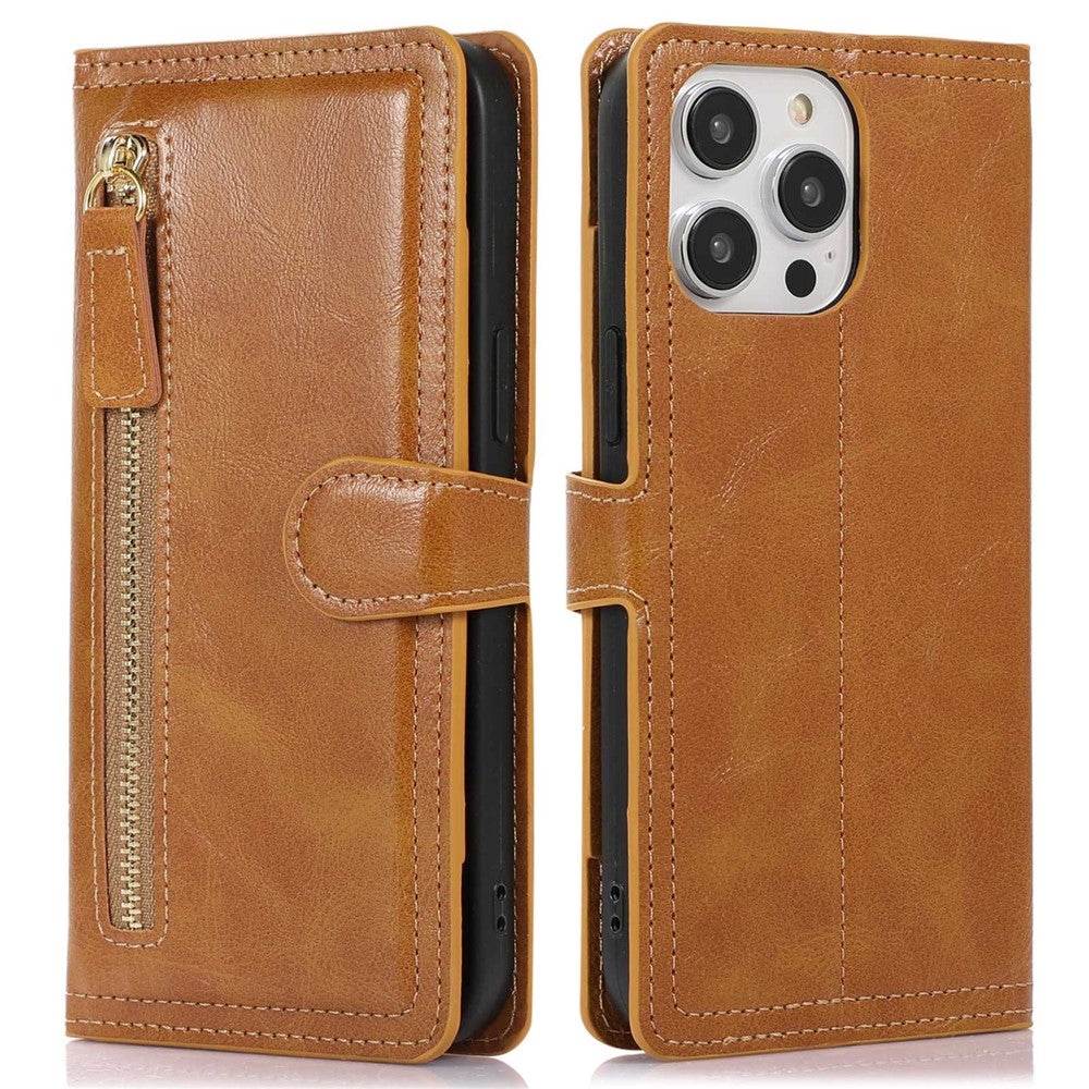 For iPhone 14 Pro Max Drop-proof Zipper Pocket Phone Flip Wallet Case with Magnetic Buckle Protective PU Leather Phone Cover Stand