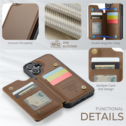 For iPhone 16 Phone Case CASEME C22 Leather Back Cover with RFID Blocking Card Slots