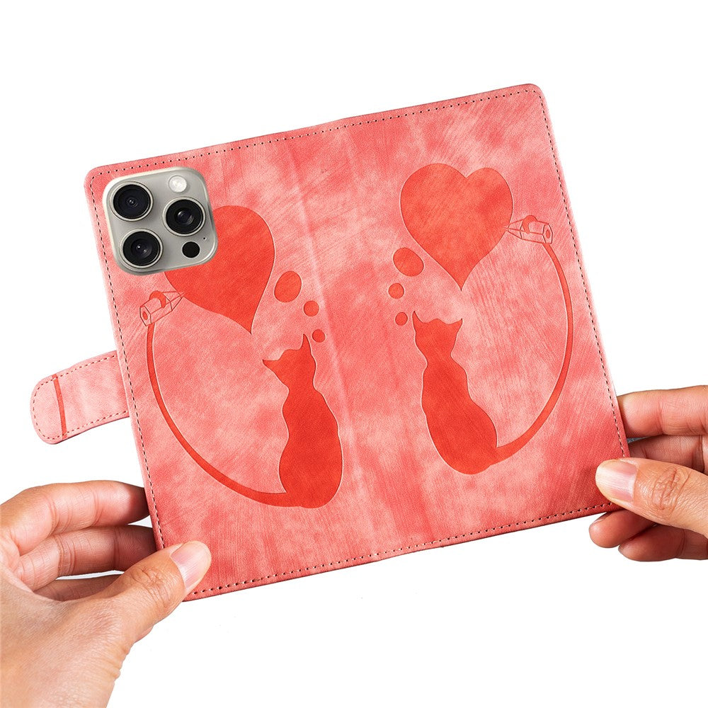For iPhone 16 Pro Case Heart Cat Folding Stand PU Leather Phone Cover