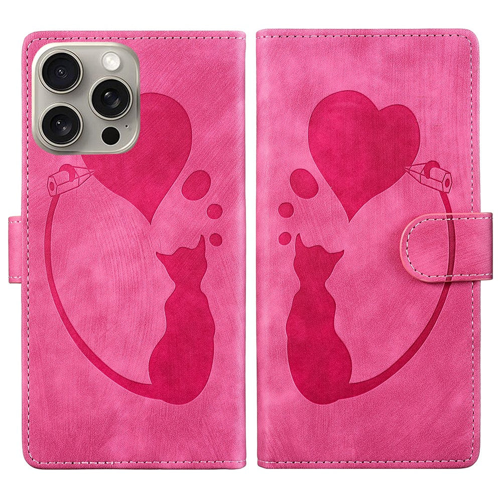 For iPhone 16 Pro Case Heart Cat Folding Stand PU Leather Phone Cover