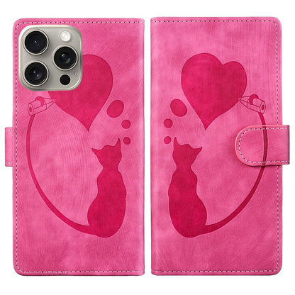 For iPhone 16 Pro Case Heart Cat Folding Stand PU Leather Phone Cover