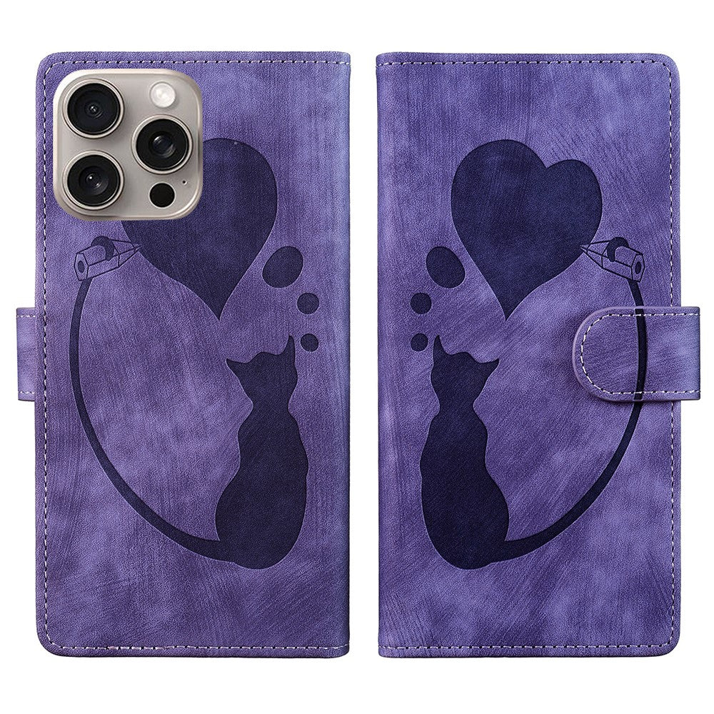 For iPhone 16 Pro Case Heart Cat Folding Stand PU Leather Phone Cover