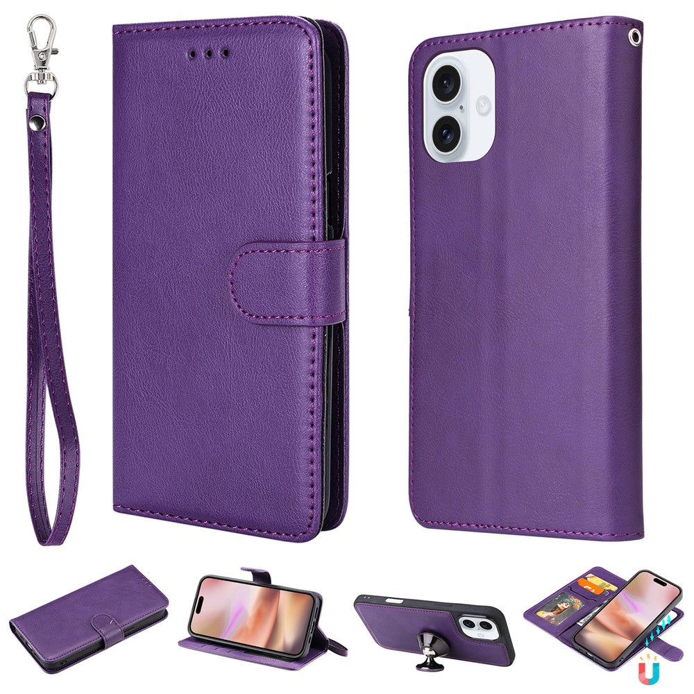 For iPhone 16 Case 2 in 1 Detachable Magnetic Leather Wallet Mobile Cover with Strap
