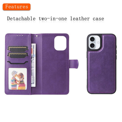 For iPhone 16 Case 2 in 1 Detachable Magnetic Leather Wallet Mobile Cover with Strap