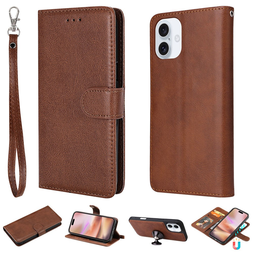 For iPhone 16 Case 2 in 1 Detachable Magnetic Leather Wallet Mobile Cover with Strap