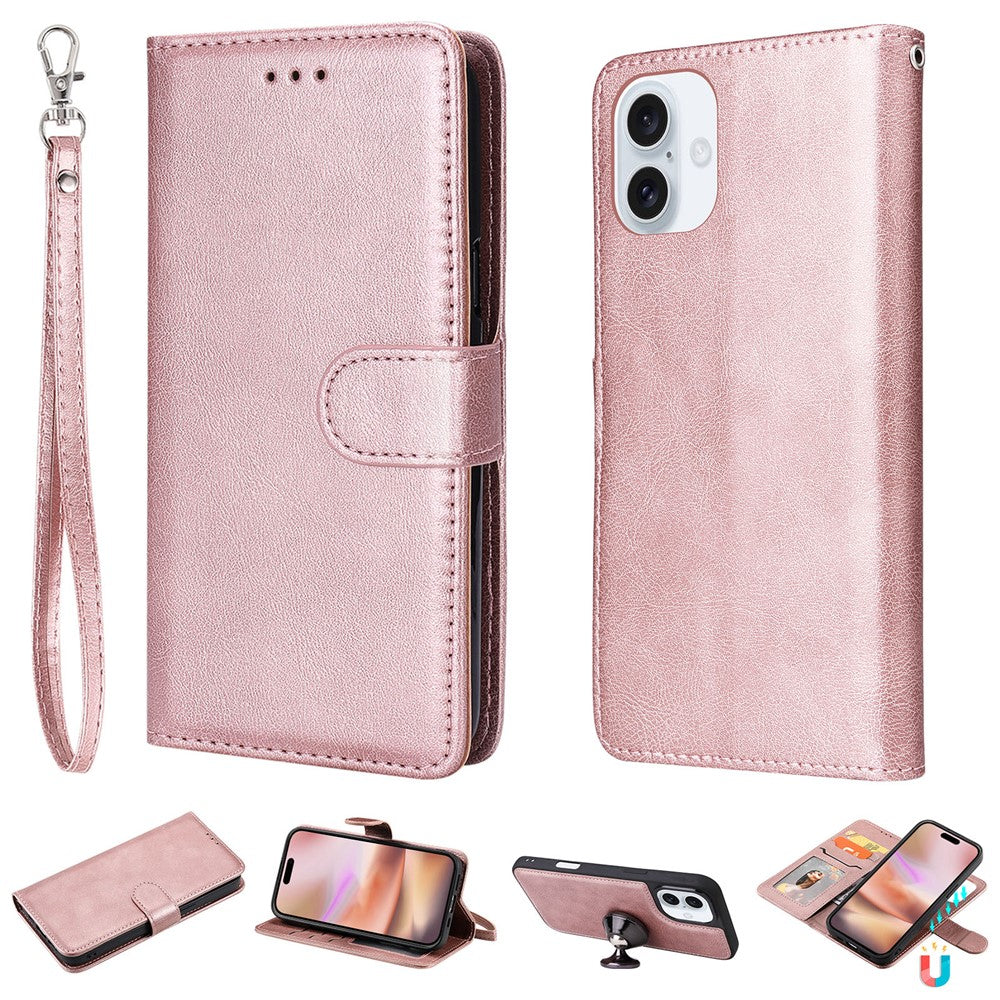 For iPhone 16 Case 2 in 1 Detachable Magnetic Leather Wallet Mobile Cover with Strap