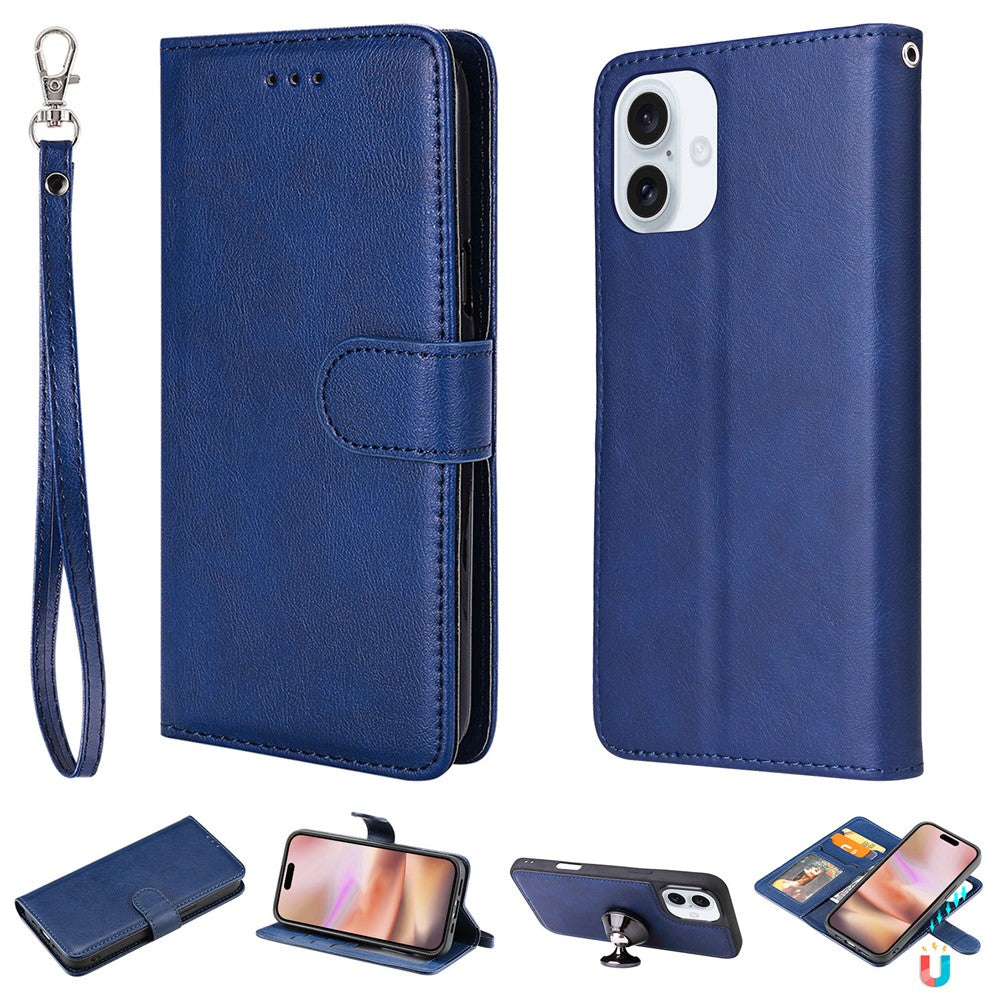 For iPhone 16 Case 2 in 1 Detachable Magnetic Leather Wallet Mobile Cover with Strap