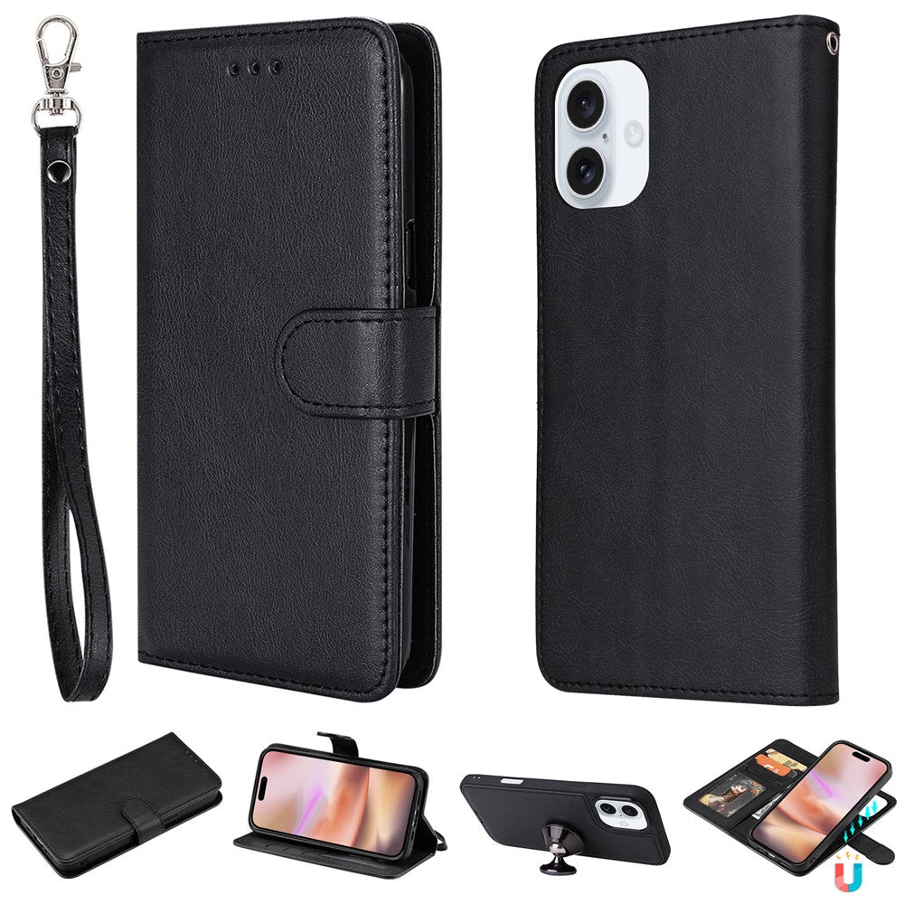 For iPhone 16 Case 2 in 1 Detachable Magnetic Leather Wallet Mobile Cover with Strap