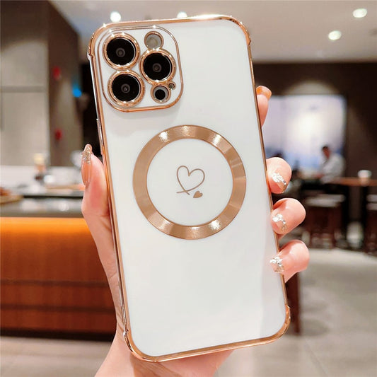For iPhone 14 Pro Case Compatible with MagSafe Electroplated TPU Phone Cover Hollow Love Hearts