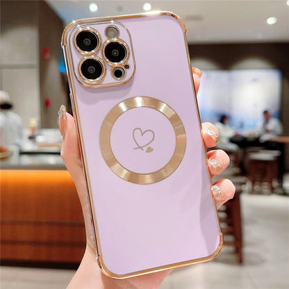 For iPhone 14 Pro Case Compatible with MagSafe Electroplated TPU Phone Cover Hollow Love Hearts
