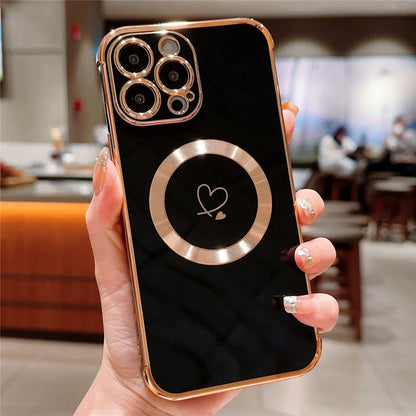 For iPhone 14 Pro Case Compatible with MagSafe Electroplated TPU Phone Cover Hollow Love Hearts