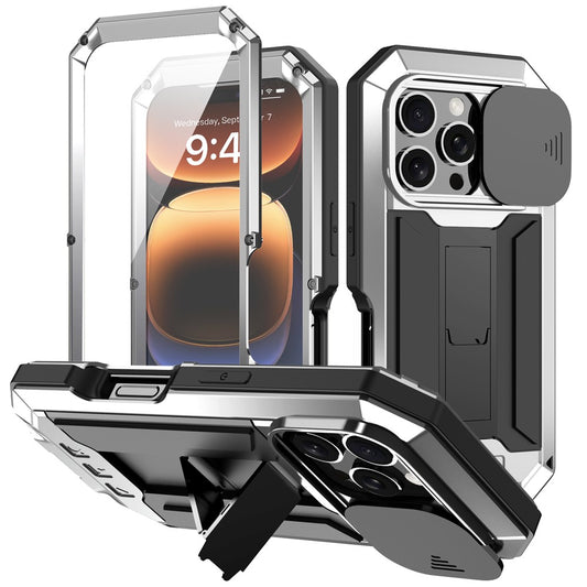 R-JUST For iPhone 16 Pro Max Kickstand Case Silicone+Metal+PC+Tempered Glass Screen Film Phone Cover