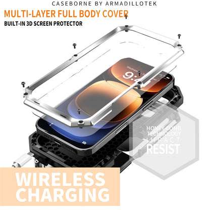 R-JUST For iPhone 16 Pro Max Kickstand Case Silicone+Metal+PC+Tempered Glass Screen Film Phone Cover