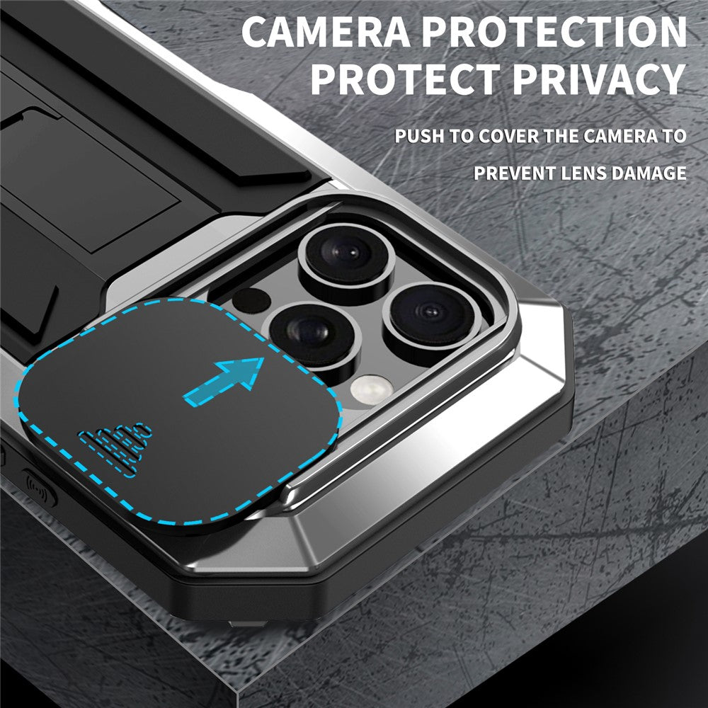 R-JUST For iPhone 16 Pro Max Kickstand Case Silicone+Metal+PC+Tempered Glass Screen Film Phone Cover