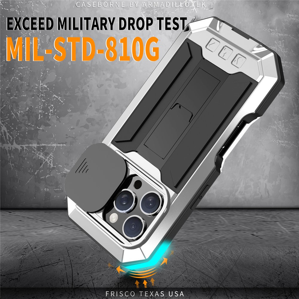 R-JUST For iPhone 16 Pro Max Kickstand Case Silicone+Metal+PC+Tempered Glass Screen Film Phone Cover