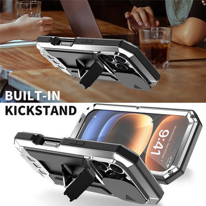 R-JUST For iPhone 16 Pro Max Kickstand Case Silicone+Metal+PC+Tempered Glass Screen Film Phone Cover