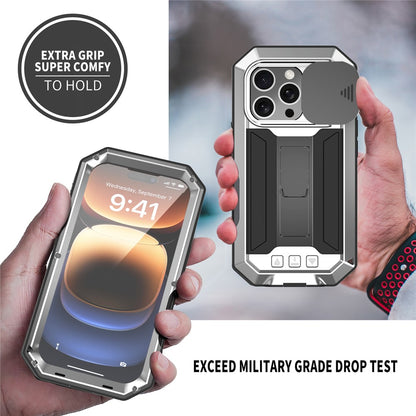 R-JUST For iPhone 16 Pro Max Kickstand Case Silicone+Metal+PC+Tempered Glass Screen Film Phone Cover