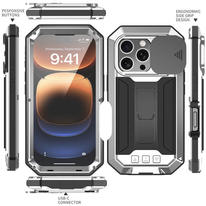 R-JUST For iPhone 16 Pro Max Kickstand Case Silicone+Metal+PC+Tempered Glass Screen Film Phone Cover