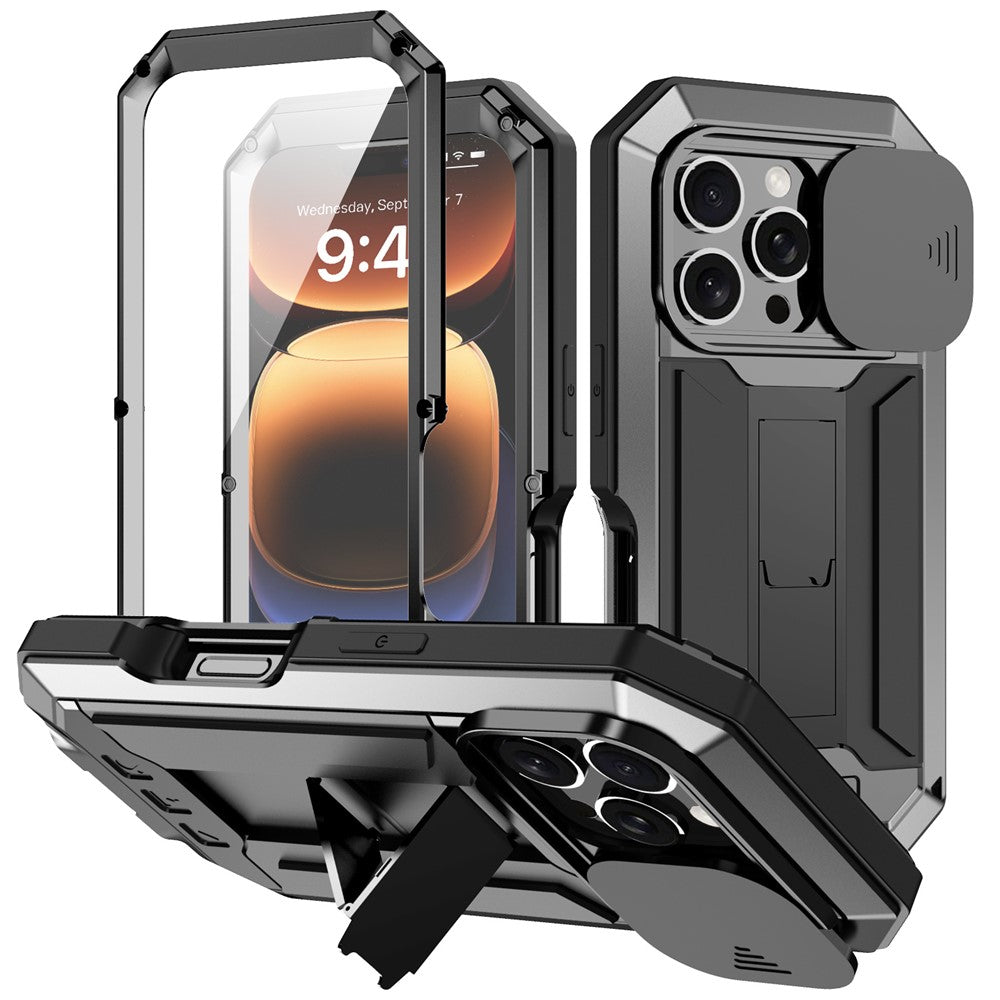 R-JUST For iPhone 16 Pro Max Kickstand Case Silicone+Metal+PC+Tempered Glass Screen Film Phone Cover