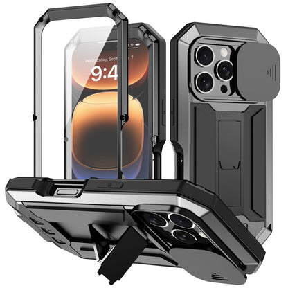 R-JUST For iPhone 16 Pro Max Kickstand Case Silicone+Metal+PC+Tempered Glass Screen Film Phone Cover
