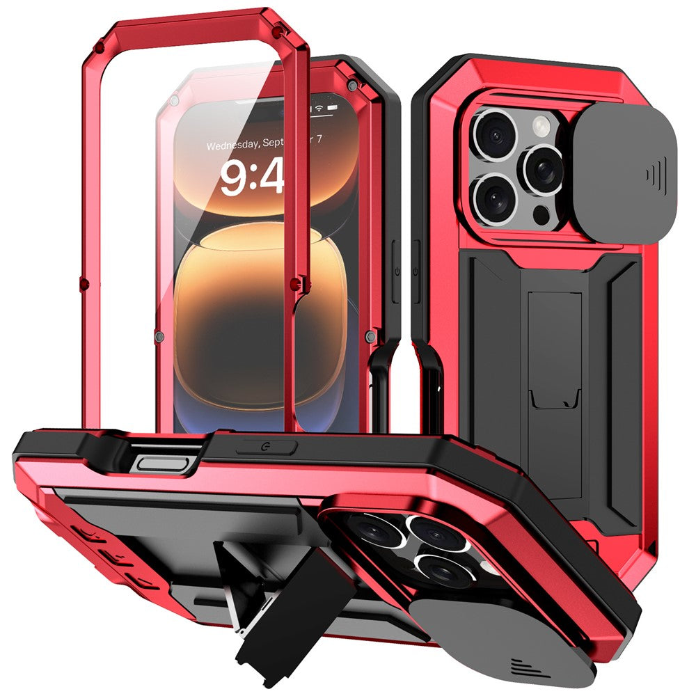 R-JUST For iPhone 16 Pro Max Kickstand Case Silicone+Metal+PC+Tempered Glass Screen Film Phone Cover