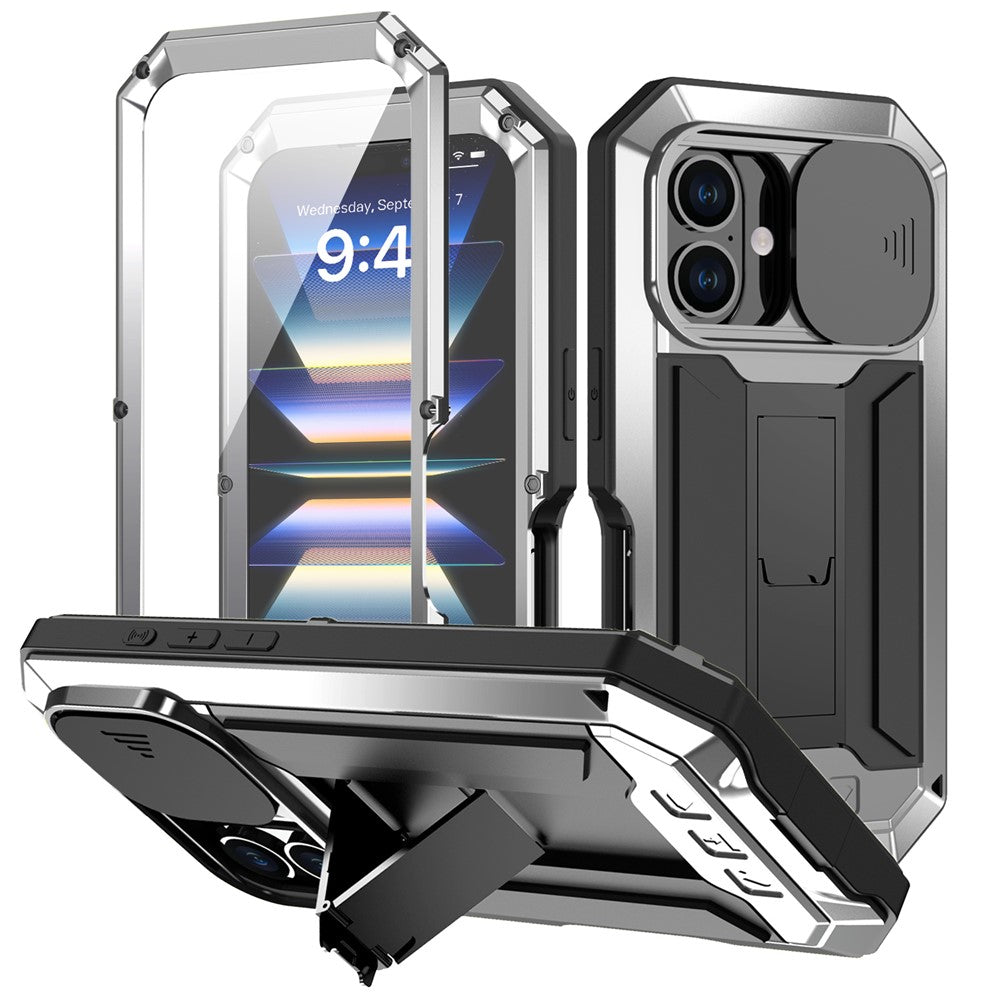 R-JUST For iPhone 16 Kickstand Case Silicone+Metal+PC+Tempered Glass Screen Film Phone Cover