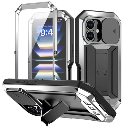 R-JUST For iPhone 16 Kickstand Case Silicone+Metal+PC+Tempered Glass Screen Film Phone Cover
