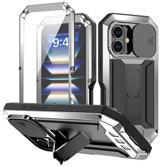 R-JUST For iPhone 16 Kickstand Case Silicone+Metal+PC+Tempered Glass Screen Film Phone Cover
