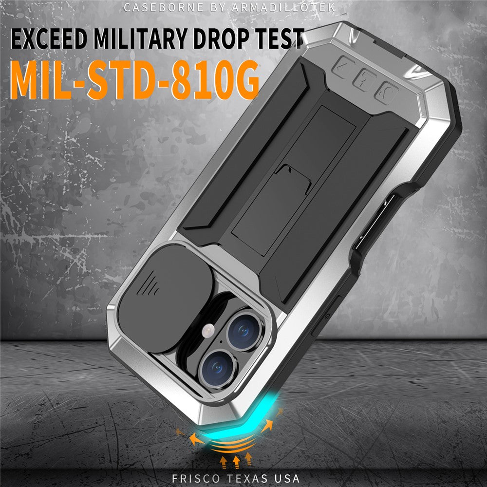R-JUST For iPhone 16 Kickstand Case Silicone+Metal+PC+Tempered Glass Screen Film Phone Cover
