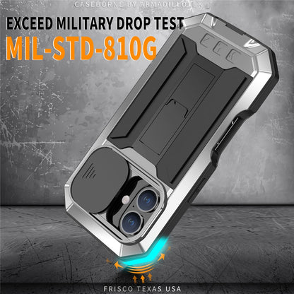 R-JUST For iPhone 16 Kickstand Case Silicone+Metal+PC+Tempered Glass Screen Film Phone Cover