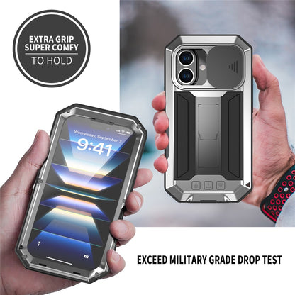 R-JUST For iPhone 16 Kickstand Case Silicone+Metal+PC+Tempered Glass Screen Film Phone Cover