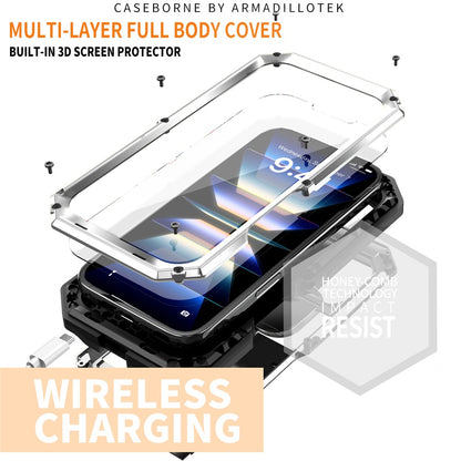 R-JUST For iPhone 16 Kickstand Case Silicone+Metal+PC+Tempered Glass Screen Film Phone Cover