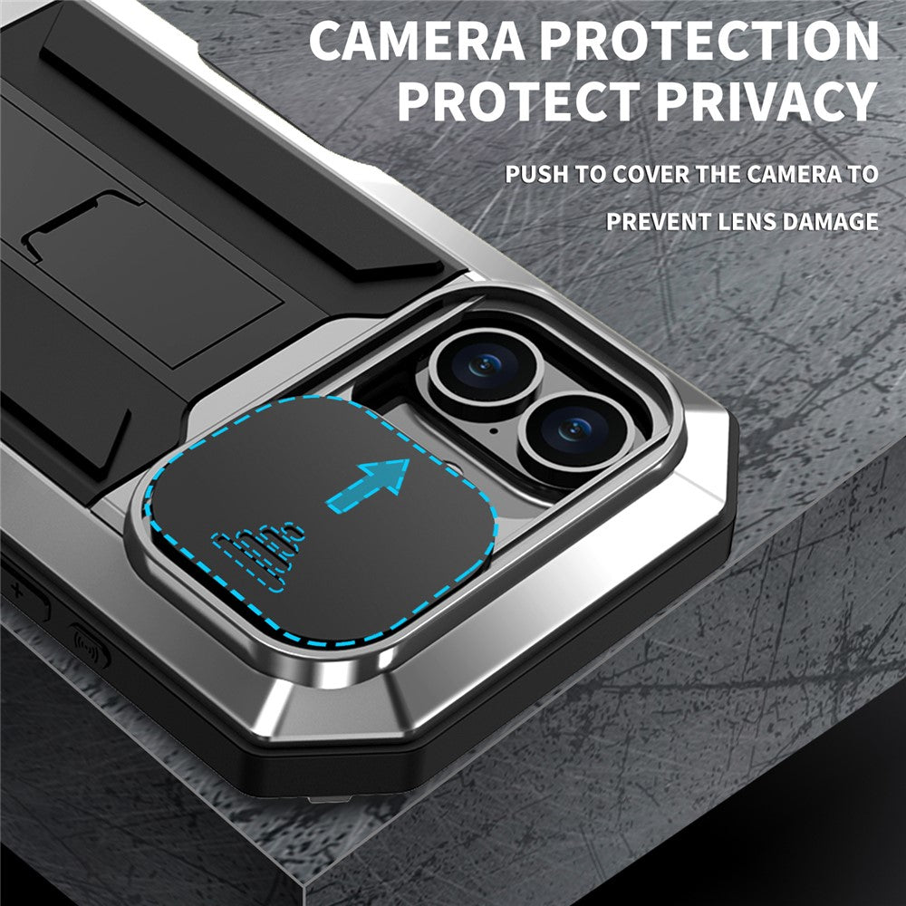 R-JUST For iPhone 16 Kickstand Case Silicone+Metal+PC+Tempered Glass Screen Film Phone Cover