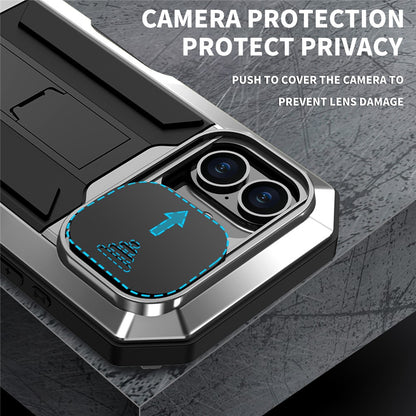 R-JUST For iPhone 16 Kickstand Case Silicone+Metal+PC+Tempered Glass Screen Film Phone Cover