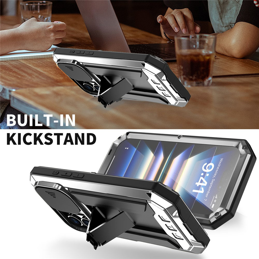 R-JUST For iPhone 16 Kickstand Case Silicone+Metal+PC+Tempered Glass Screen Film Phone Cover