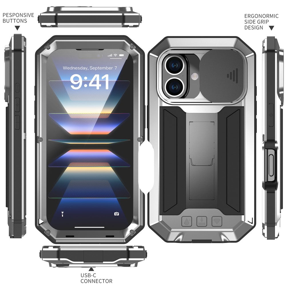 R-JUST For iPhone 16 Kickstand Case Silicone+Metal+PC+Tempered Glass Screen Film Phone Cover