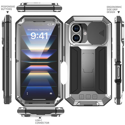 R-JUST For iPhone 16 Kickstand Case Silicone+Metal+PC+Tempered Glass Screen Film Phone Cover