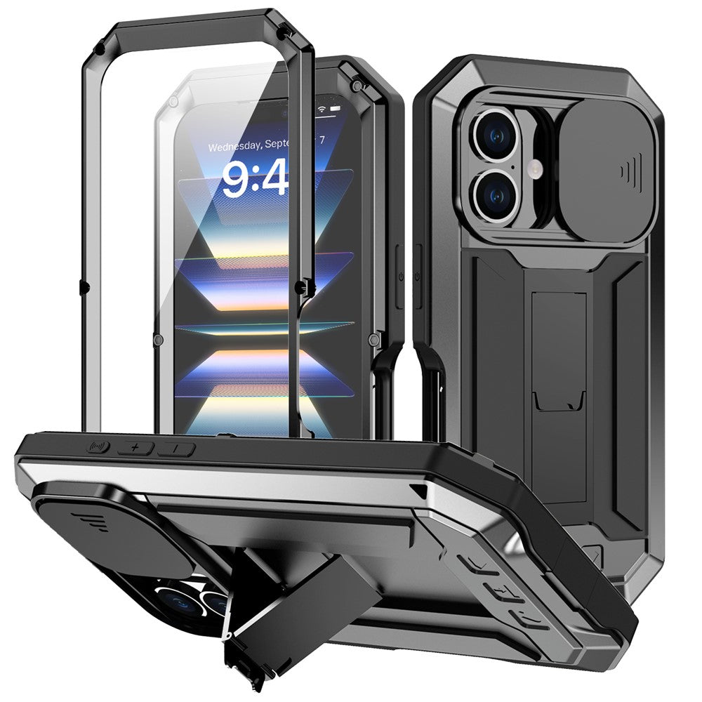 R-JUST For iPhone 16 Kickstand Case Silicone+Metal+PC+Tempered Glass Screen Film Phone Cover