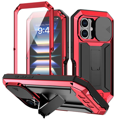 R-JUST For iPhone 16 Kickstand Case Silicone+Metal+PC+Tempered Glass Screen Film Phone Cover